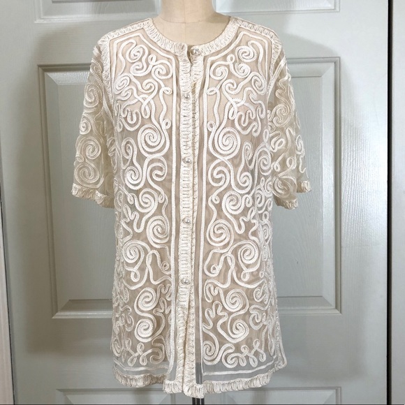 Vintage H. K. TSE’S Embroidered Soutache Lace Sheer Top White Size 14 - Picture 1 of 7